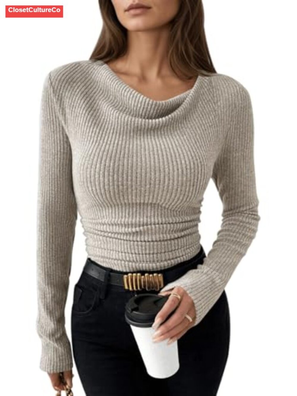 Women's Cowl Neck Long Sleeve Ruched Top Ribbed Knit Slim Fit Blouse
